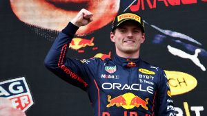 Race winner Max Verstappen (NLD) Red Bull Racing celebrates on the podium.24.04.2022. Formula 1 World Championship, Rd 4, Emilia Romagna Grand Prix, Imola, Italy, Race Day.Photo credit should read: XPB/Press Association Images.